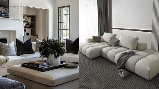 Viewing Deck Blog 28 Modern living room with stylish white sofas, large cushions, and minimalist decor, creating an elegant and cozy ambiance. | Sky Rye Design Modern living room with stylish white sofas, large cushions, and minimalist decor, creating an elegant and cozy ambiance.