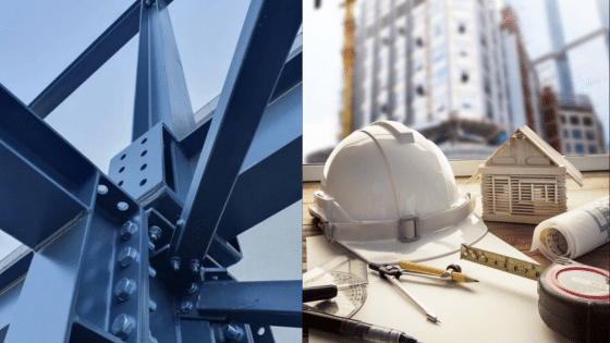 Steel beams and construction tools with a hard hat, blueprint, pencil, and model house, with a building in the background.