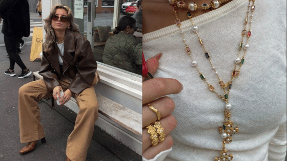 Viewing Deck Blog 3 Trendy woman in a leather jacket with layered necklaces and gold rings outside a café. | Sky Rye Design Trendy woman in a leather jacket with layered necklaces and gold rings outside a café.