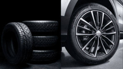 Stacked car tires and a Continental tire on a vehicle showcasing sleek design and performance.
