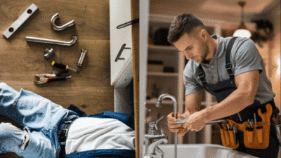 Man under sink with plumbing tools on floor, and another man fixing faucet in kitchen while wearing tool belt.