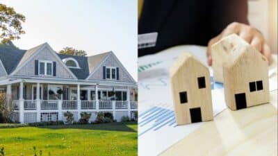 Spacious house with lawn and wooden house models on financial documents, symbolizing property investment.