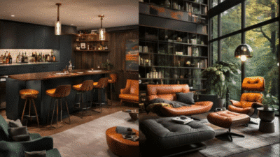 Modern living space with a stylish bar and cozy leather seating, surrounded by bookshelves and large windows.