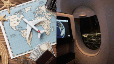 Map, money, passport, plane, and night city view from airplane window, symbolizing travel and adventure planning.