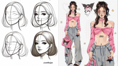 Illustration of female character design steps and a full-colored fashion figure with a cute bag and star accents.