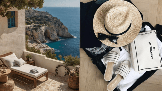 Viewing Deck Blog 3 Coastal terrace with lounge chair and sea view next to suitcase with summer essentials: hat, sandals, and sunglasses. | Sky Rye Design Coastal terrace with lounge chair and sea view next to suitcase with summer essentials: hat, sandals, and sunglasses.