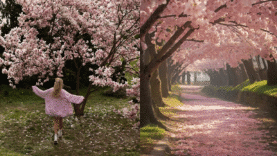 Woman in pink coat enjoys blooming cherry blossoms, walking through a scenic path lined with flowering trees.