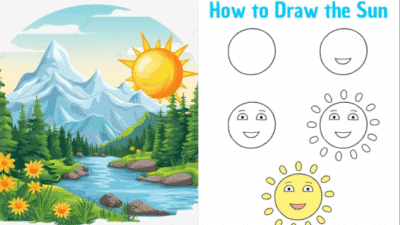 Illustration of a sunny mountain landscape with a river and flower tutorial on how to draw a sun step-by-step.
