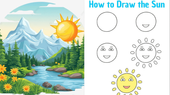 Viewing Deck Blog 3 Illustration of a sunny mountain landscape with a river and flower tutorial on how to draw a sun step-by-step. | Sky Rye Design Illustration of a sunny mountain landscape with a river and flower tutorial on how to draw a sun step-by-step.