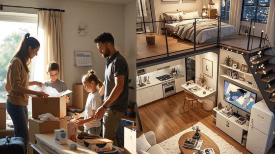 Viewing Deck Blog 3 Family unpacking boxes at home; cozy duplex interior with open living space and bedroom loft. | Sky Rye Design Family unpacking boxes at home; cozy duplex interior with open living space and bedroom loft.