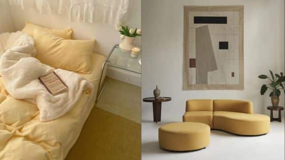 Viewing Deck Blog 3 Cozy yellow bedroom and modern living room with abstract art and stylish furniture. | Sky Rye Design Cozy yellow bedroom and modern living room with abstract art and stylish furniture.