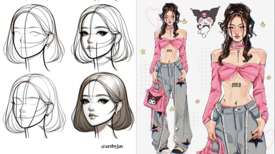 Viewing Deck Blog 3 Illustration of female character design steps and a full-colored fashion figure with a cute bag and star accents. | Sky Rye Design Illustration of female character design steps and a full-colored fashion figure with a cute bag and star accents.