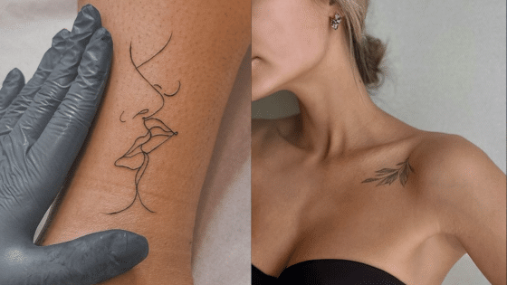 One-line face tattoo on leg with glove, woman with olive branch shoulder tattoo, minimalist ink designs.