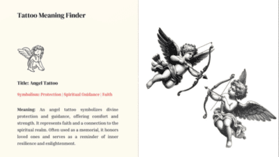 Angel tattoo meaning: Divine protection, guidance, faith, and spirituality with symbolic cherubs and spiritual insight.