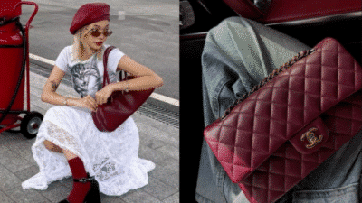 Fashionable woman with red beret and quilted handbag next to close-up of designer purse on jeans background.