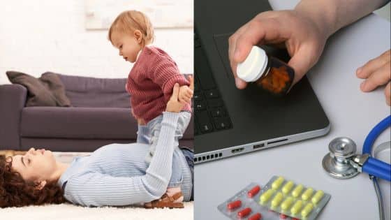 Parent with child at home and person with medication near laptop and stethoscope, representing work-life balance and health.
