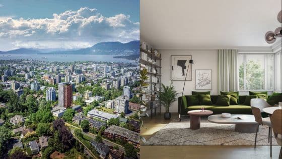 Viewing Deck Blog 33 Cityscape with ocean view and modern living room interior featuring green sofa and stylish decor. | Sky Rye Design Cityscape with ocean view and modern living room interior featuring green sofa and stylish decor.