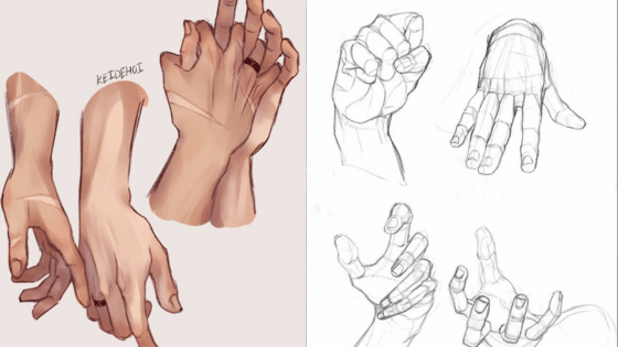 Illustration of hands in various poses, with colored and sketch versions for art reference and practice.