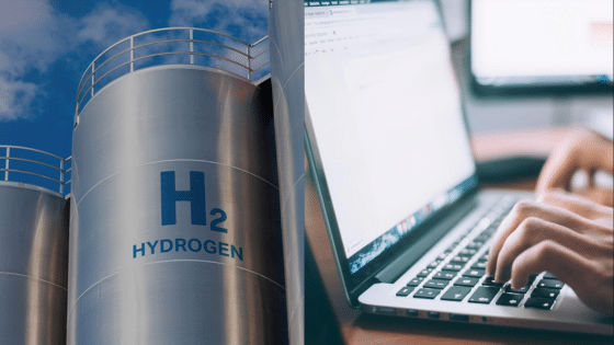 Viewing Deck Blog Hydrogen storage tank next to person typing on laptop, symbolizing technology and renewable energy collaboration. | Sky Rye Design Hydrogen storage tank next to person typing on laptop, symbolizing technology and renewable energy collaboration.