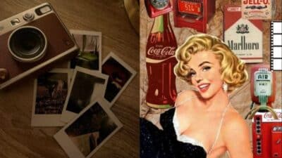 Vintage camera with polaroids next to retro-style collage featuring iconic brands and classic Hollywood imagery.