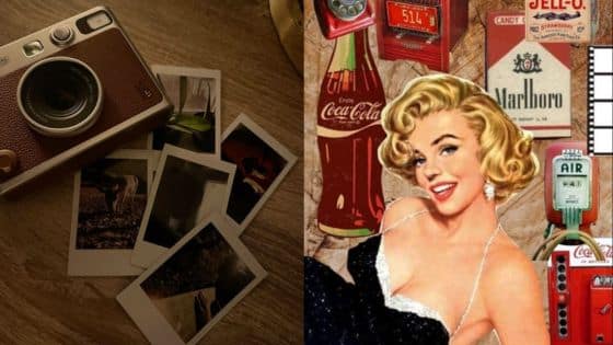 Viewing Deck Blog 35 Vintage camera with polaroids next to retro-style collage featuring iconic brands and classic Hollywood imagery. | Sky Rye Design Vintage camera with polaroids next to retro-style collage featuring iconic brands and classic Hollywood imagery.