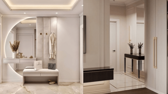 Viewing Deck Blog Modern, elegant entryway with round mirror, bench, coat hooks, decor accents, and marble flooring. | Sky Rye Design Modern, elegant entryway with round mirror, bench, coat hooks, decor accents, and marble flooring.