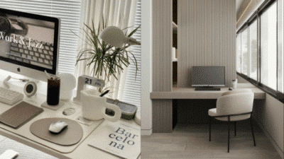 Minimalist home office setups with modern decor, featuring computers, plants, and ergonomic chairs by the window.