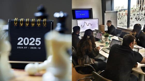 Viewing Deck Blog 38 Calendar showing 2025 alongside a business meeting discussing growth charts on screens. | Sky Rye Design Calendar showing 2025 alongside a business meeting discussing growth charts on screens.