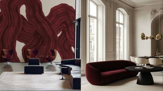 Viewing Deck Blog 4 Modern living room with abstract mural, burgundy sofa, and contemporary furniture in natural light. | Sky Rye Design Modern living room with abstract mural, burgundy sofa, and contemporary furniture in natural light.