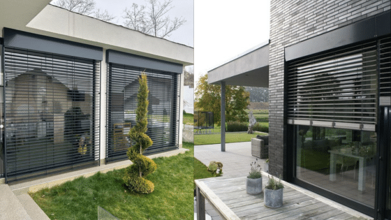 Modern house exterior with stylish outdoor blinds on large windows, enhancing privacy and energy efficiency.