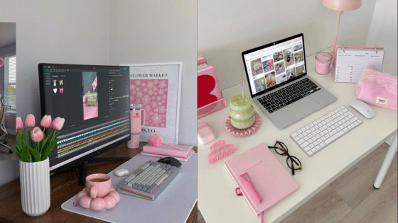 Aesthetic pink-themed workspace with computers, notebooks, and decor for an inspiring and stylish home office setup.