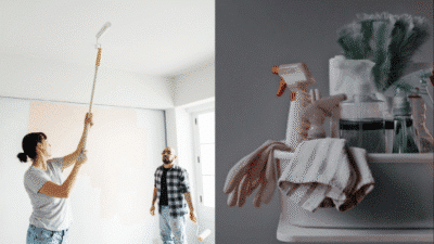 People painting a white wall with a roller beside a bucket of cleaning supplies and gloves.