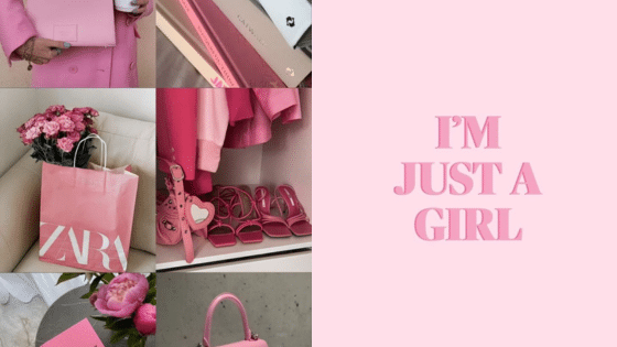 Viewing Deck Blog 4 Pink fashion collage with clothing, accessories, flowers, shopping bag, and text I'm Just a Girl on a pink background. | Sky Rye Design Pink fashion collage with clothing, accessories, flowers, shopping bag, and text I'm Just a Girl on a pink background.