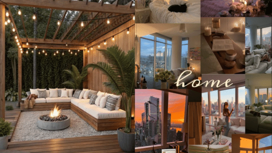 Cozy home collage with outdoor fire pit, modern interiors, city views, and soft lighting for a warm, inviting atmosphere.