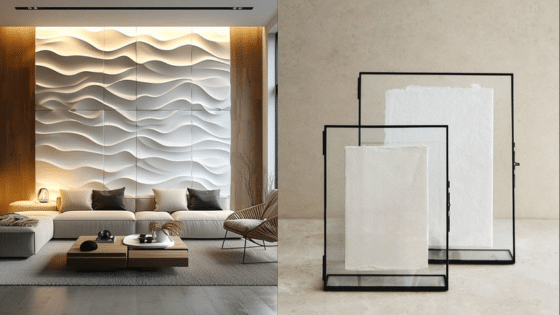 Viewing Deck Blog 4 Modern living room with wave panel wall design and glass display frames on beige background for minimalist decor. | Sky Rye Design Modern living room with wave panel wall design and glass display frames on beige background for minimalist decor.