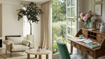 Stylish living room and cozy desk with flowers by the window, perfect for relaxing or working from home.