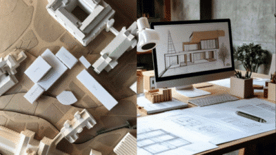 Architectural model and digital design setup on a desk, showcasing innovative building concepts and plans.