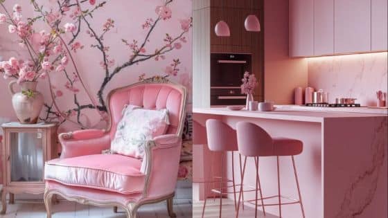 Viewing Deck Blog 42 Elegant pink kitchen and living room with floral wall, pink armchair, and matching décor elements for a cozy ambiance. | Sky Rye Design Elegant pink kitchen and living room with floral wall, pink armchair, and matching décor elements for a cozy ambiance.