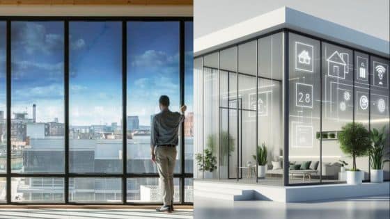 Viewing Deck Blog 43 Person standing by large windows overlooking cityscape, next to futuristic smart home with digital interface icons. | Sky Rye Design Person standing by large windows overlooking cityscape, next to futuristic smart home with digital interface icons.