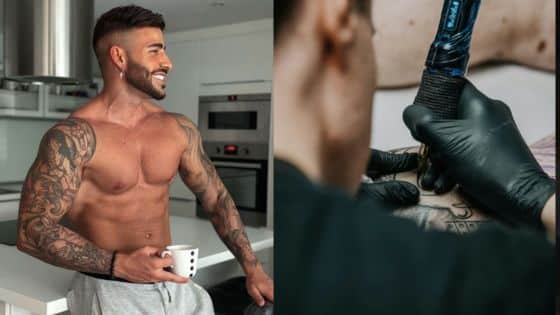 Tattooed man with a coffee cup in a kitchen; right side shows close-up of tattooing in progress.