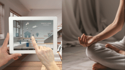 Tablet with smart home controls and person meditating nearby, combining technology with relaxation.