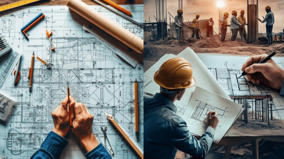 Viewing Deck Blog 5 Architect reviewing building plans at a construction site; workers collaborate in the background. | Sky Rye Design Architect reviewing building plans at a construction site; workers collaborate in the background.