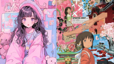 Anime girl with purple hair and Spirited Away collage featuring Chihiro in a whimsical, colorful setting.
