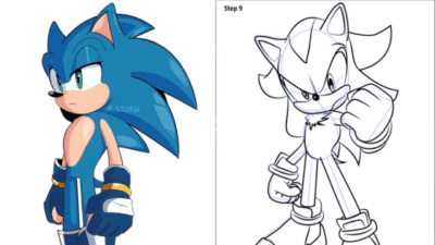 Illustration of Sonic the Hedgehog, colored on left, outlined on right, showing drawing steps.