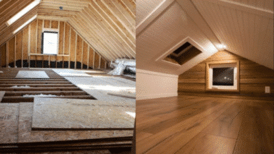 Attic transformation: before and after renovation with new wooden flooring and modern design.