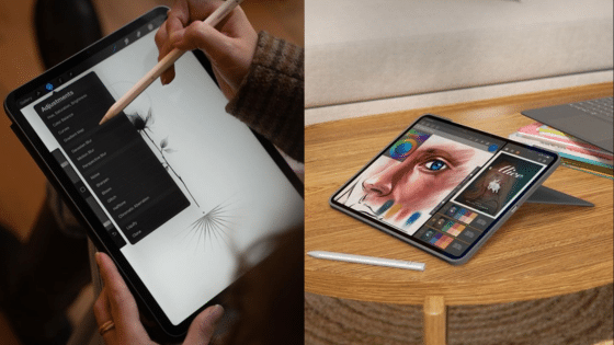 Digital art creation on tablets with styluses, featuring detailed sketches and design applications.