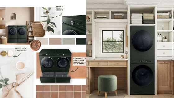 Stylish laundry room design featuring a green Samsung Bespoke stacked washer and dryer with natural decor accents.