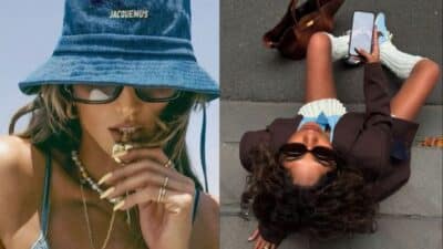Fashionable individuals wearing sunglasses and hats, showcasing trendy streetwear styles and accessories.