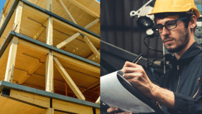 Wooden building construction on left, man in hard hat inspecting documents on right.