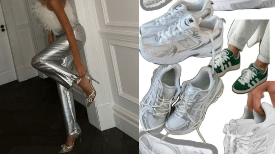 Woman in silver pants with heels and a variety of stylish white sneakers on a split background.